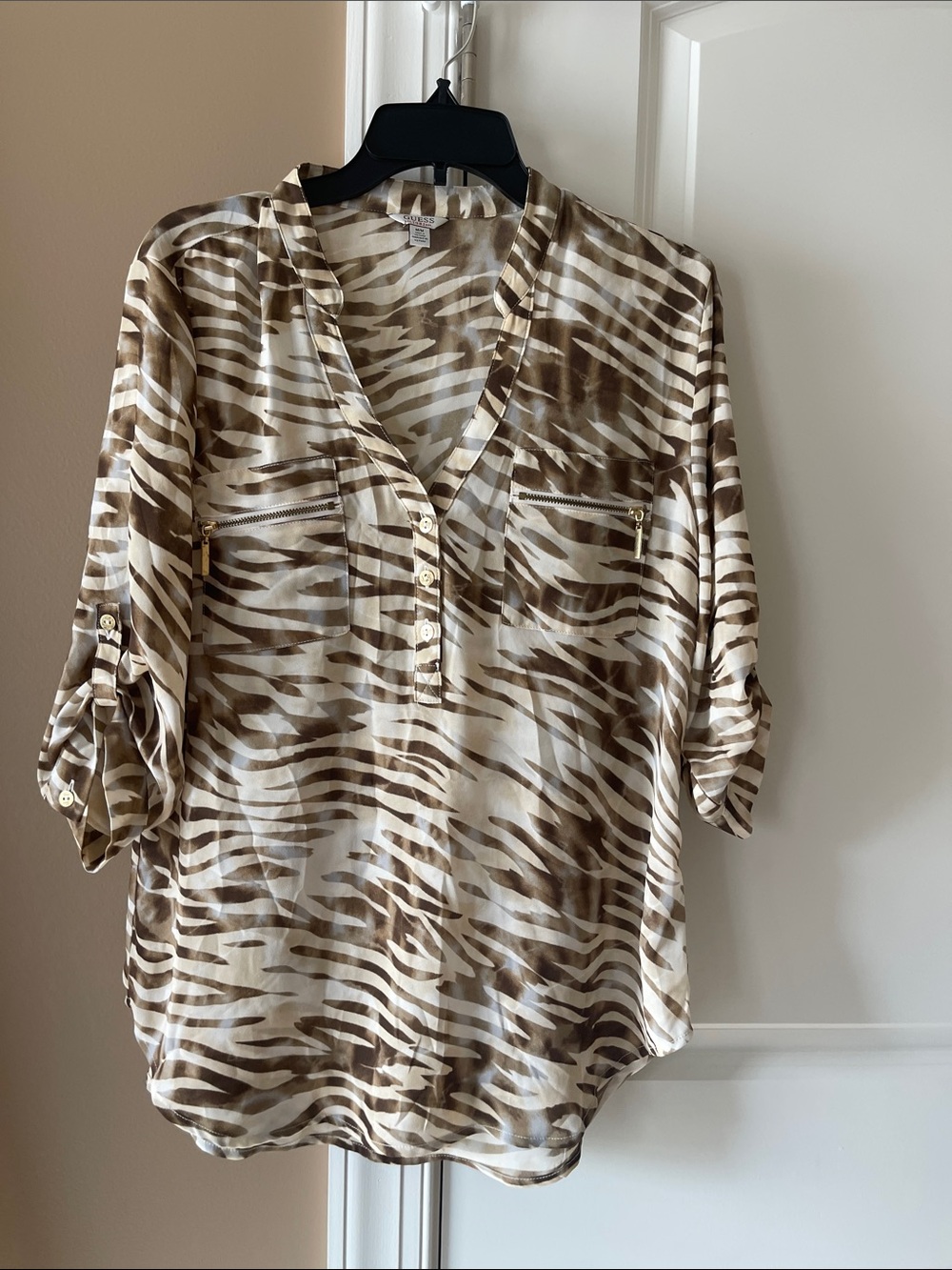 Guess Brown and Cream Animal-Print V-Neck Tunic